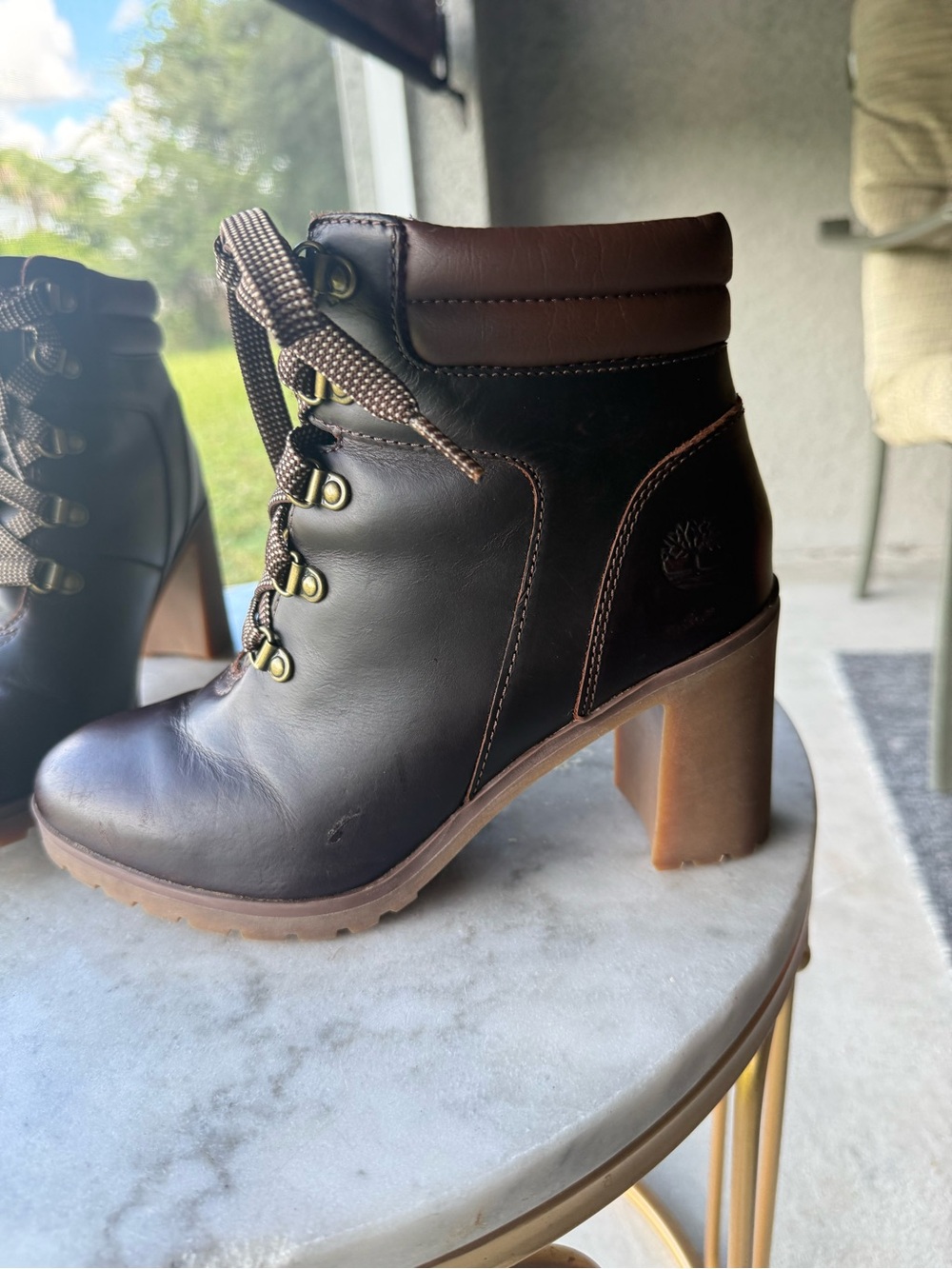 Timberland Women's Dark Brown Leather Lace-Up Block Heel Boot